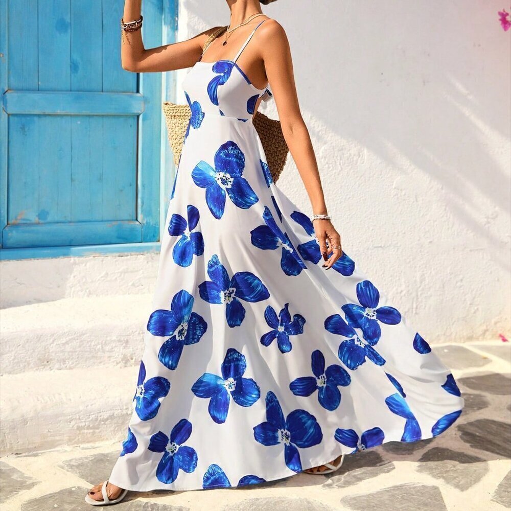 Blue And White Boho Women's Valentine's Day Out Holiday Date Dress
